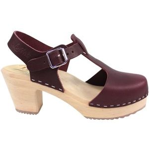 Lotta From Stockholm Highwood Tbar High Heel Clogs in Aubergine Leather